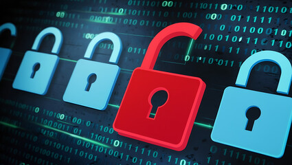  binary code lock, combination lock code. Digital padlock for computing system on a dark blue background, cyber security technology