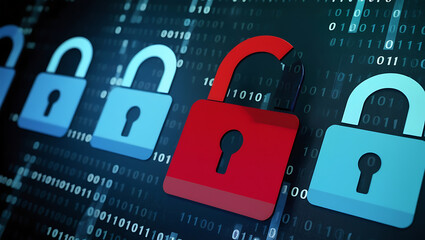  binary code lock, combination lock code. Digital padlock for computing system on a dark blue background, cyber security technology