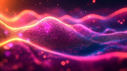 Vibrant sound waves in close-up, glowing with energy, creating an intricate web of digital signals, Abstract, Futuristic, High-tech, Neon Color Palette