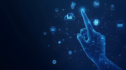 Hand touching a digital screen with icons of technology and online network connection, cloud storage, or security system on a dark blue background