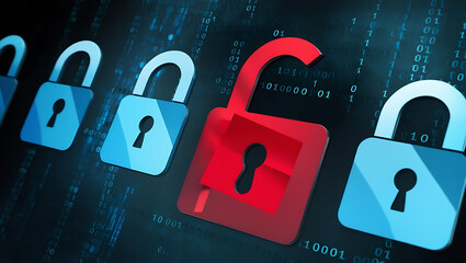  binary code lock, combination lock code. Digital padlock for computing system on a dark blue background, cyber security technology