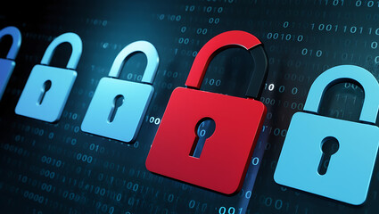  binary code lock, combination lock code. Digital padlock for computing system on a dark blue background, cyber security technology