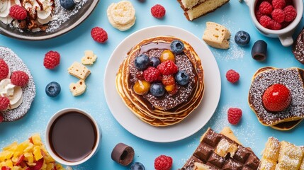 Delicious stack of pancakes topped with fresh berries and chocolate