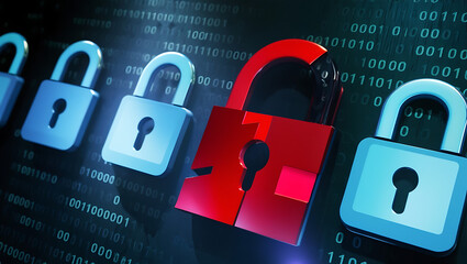  binary code lock, combination lock code. Digital padlock for computing system on a dark blue background, cyber security technology