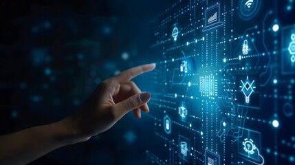 hand touching a digital screen with icons of technology and online network connection, cloud storage
