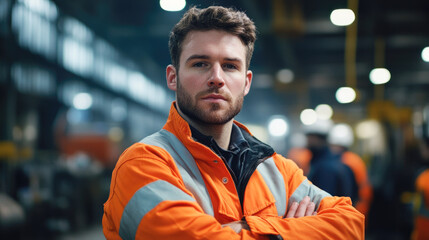 Confident industrial worker in orange safety jacket standing in warehouse with arms crossed