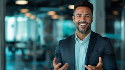 Businessman in Sleek Suit Smiling in Modern Office