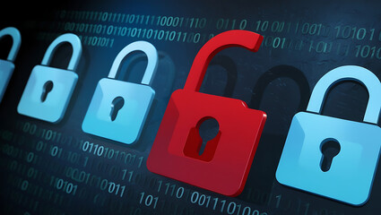 binary code lock, combination lock code. Digital padlock for computing system on a dark blue background, cyber security technology