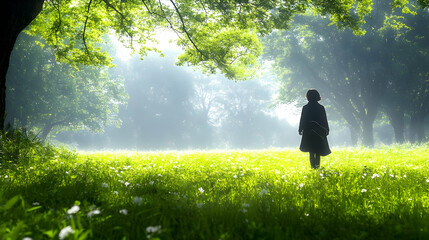 Canvas Print - Walking Through a Foggy Forest,  A Silhouette in the Mist, Tranquil Meadow in the Morning