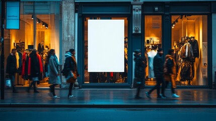 People stroll along a wet sidewalk in the evening, passing a clothing store with empty window displays. The warm light from inside contrasts with the dark, rainy street outside.