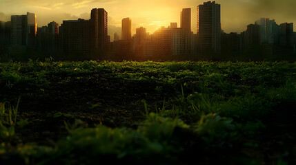 Poster - Cityscape at Sunset with a Green Meadow in the Foreground