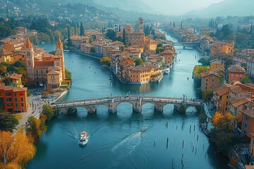 A picturesque bridge spans a river that splits a town into two halves.