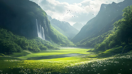 Canvas Print - Mountain Valley Waterfall Landscape with Lush Greenery and Daisies