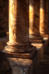 closeup of golden marble columns with light beams in a building interior