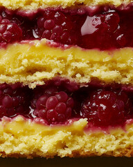 Wall Mural - an extreme close-up, a sliced lemon raspberry cake, filling the entire frame with its intricate three layers