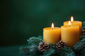 Burning green candles creating festive christmas atmosphere with pine branches and pine cones