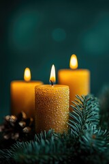 Wall Mural - burning advent candles with evergreen branches and pine cones on green background