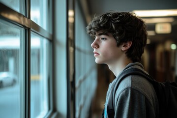 Sad teenage boy standing alone in hallway at high school 