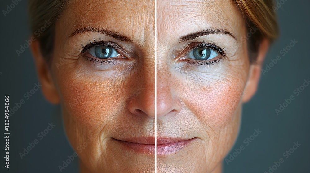 Dual-image of a senior woman's face, one half displaying fine lines and ...