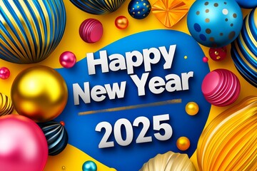 Colorful image of balloons and gold foil with the words Happy New Year on it. The balloons are in various sizes and colors, and the gold foil adds a touch of elegance to the design