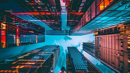 A low-angle view of towering skyscrapers reflecting vibrant colors against a cloudy sky.