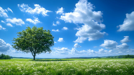 Canvas Print - A Single Tree Stands Tall in a Field of Flowers Under a Blue Sky with Fluffy Clouds