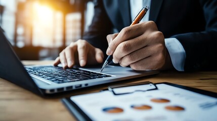 Businessman using laptop, writing notes during work hours, blurred office background