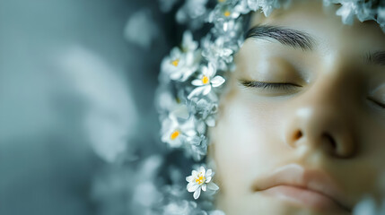 Poster - Flowers Adorn a Sleeping Face, Beauty in Nature's Embrace, Tranquil Moment of Rest