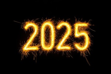 The image is a glowing, fiery representation of the number 2025. The bright yellow sparks and flames give the impression of a celebratory, energetic atmosphere, as if the number 2025