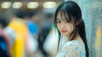 Sticker - Beautiful Woman Standing in the Rain, Wet Hair, Looking at Camera, Water Droplets