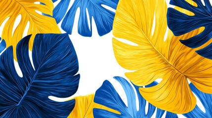 Stylized blue and yellow abstract leaf forms on white canvas, flowing shapes, minimal composition, nature-inspired art, modern abstract