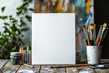 Blank canvas and art supplies in creative space