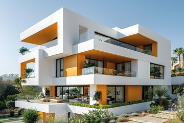 Modern white and yellow apartment building with a minimalist design.