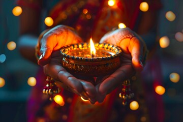 A close-up of a traditional lighted Indian diya oil lamp in a woman's hands. On the girl's hands are henna drawings. Concept Diwali 