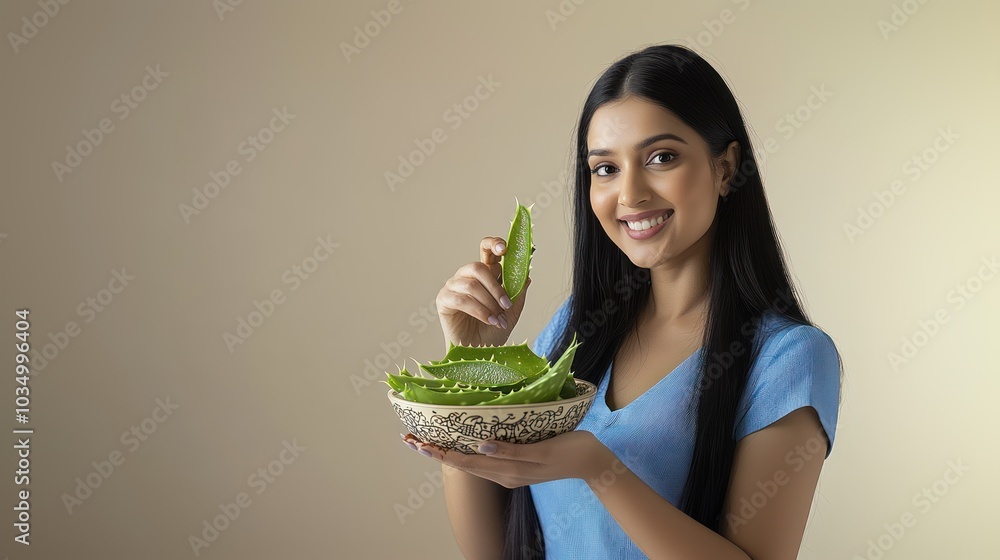 Attractive indian woman in her late thirties wearing a blue dress with ...