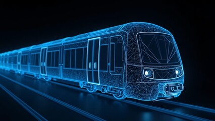 fast train hologram with blue light particles on dark background