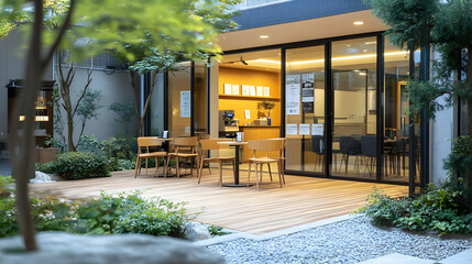 Poster - Peaceful Outdoor Patio with Wooden Deck and Greenery