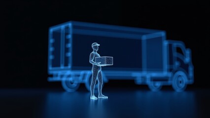 Glowing hologram neon outline of a delivery truck and person holding a box. Futuristic logistics and transportation concept. tech-driven delivery services and supply chain themes.