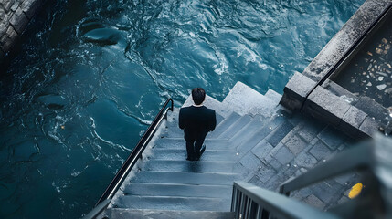 Sticker - Man Standing on Stone Steps Beside Flowing Water