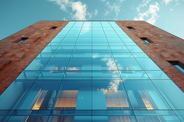 A modern building with a glass facade reflects the blue sky and clouds.