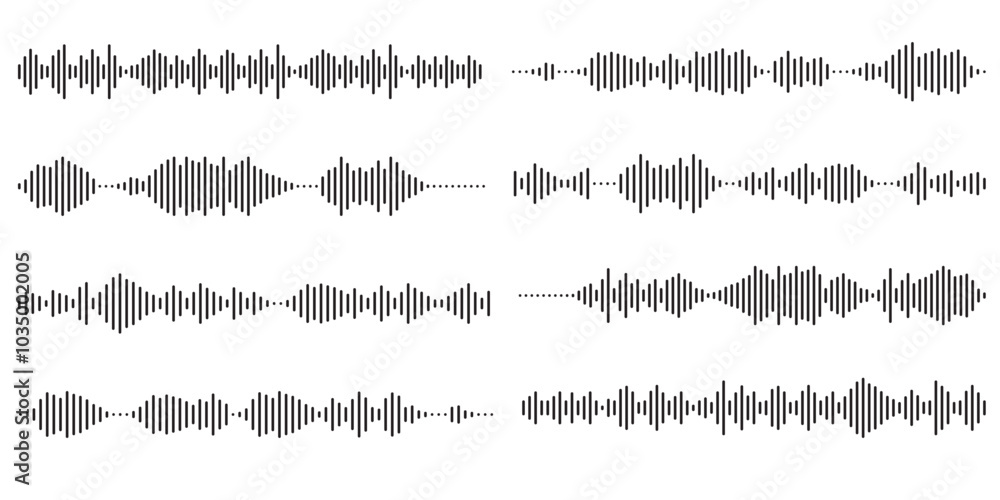 Set of voice message equalizer. Voice sound line with broken lines ...