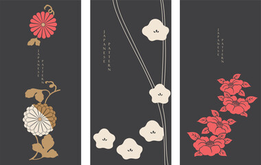 Wall Mural - Japanese background with Asian traditional icon vector. Cherry blossom and peony flower, wave pattern, bamboo and ribbon elements. Geometric pattern in vintage style.