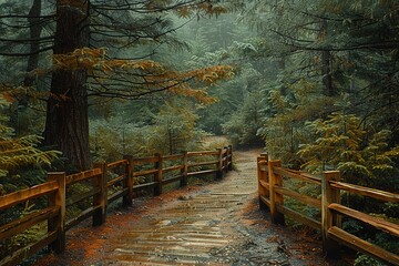 A wooden path winds through a misty forest, leading to an unknown destination.