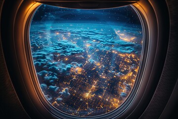 A breathtaking view of a city at night, seen through an airplane window.