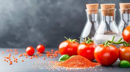 A vibrant assortment of fresh tomatoes rests beside spice powder and small glass bottles containing oil, all set against a dark kitchen backdrop, creating an inviting culinary scene