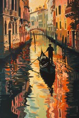 Poster - Silhouettes of a couple enjoying a romantic gondola ride through the winding canals of Venice, the historic buildings reflecting in the tranquil waters.