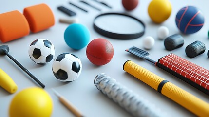 Beautiful high angle view of various sport equipment on a white background.