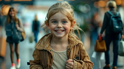 Sticker - A joyful young girl with blond hair smiles brightly at the airport.