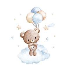 watercolor illustration baby teddy bears and blue balloons on cloud