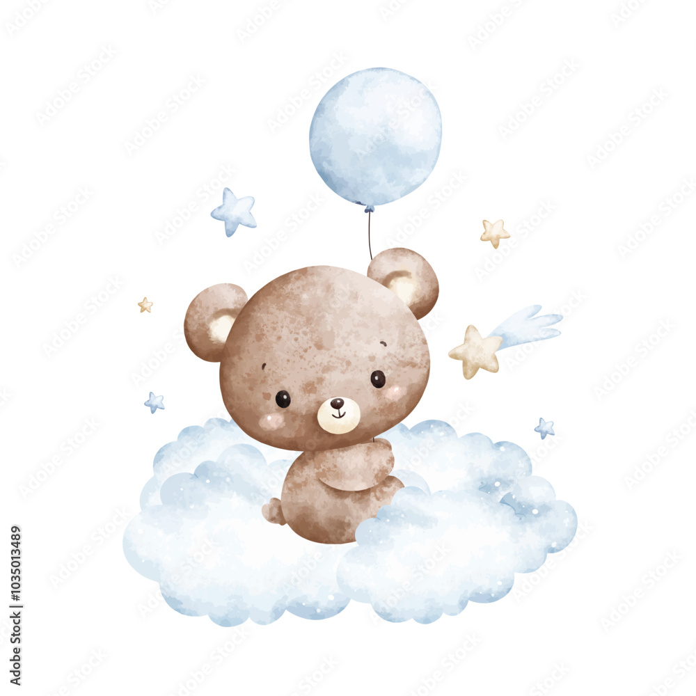 Watercolor Illustration Baby Teddy Bears and Blue Balloons Sits on ...